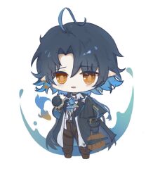 01252574 1boy ahoge arknights black_coat black_gloves black_hair blue_hair brown_pants chibi chibi_only chinese_commentary coat colored_inner_hair commentary_request eyes_visible_through_hair full_body gloves hair_intakes highres holding lumen_(arknights) male_focus multicolored_hair orange_eyes pants pointy_ears short_hair simple_background solo standing umbrella white_background