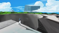 1girl baseball_cap black_hair blue_archive blue_halo blue_sky cloud coat coat_partially_removed commentary_request cube cumulonimbus_cloud day halo hat highres hole kani_etizen03 long_hair megastructure mountainous_horizon railing saori_(blue_archive) scenery shadow sky solo white_coat