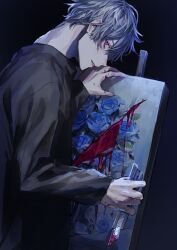 Rule 34 | 1boy, black sleeves, blood, blood on face, blood on hands, bloody knife, blue flower, blue rose, boxcutter, flower, grey hair, hair over one eye, highres, holding, holding boxcutter, knife, looking at viewer, male focus, nose, original, parted lips, pink eyes, rose, short hair, solo, taiyakitarou, teeth