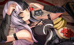1girl banana black_arm_warmers black_dress black_hair black_nails book breasts cleavage dress food fruit highres hololive hololive_english jewelry large_breasts long_hair multicolored_hair open_book plate ribbon ring satoti_chang shiori_novella shiori_novella_(1st_costume) solo split-color_hair strawberry two-tone_hair virtual_youtuber white_hair white_ribbon yellow_eyes yorick_(shiori_novella)