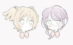 2girls bell blonde_hair blush_stickers bow bowtie chibi chibi_only closed_mouth collar cropped_head daiba_nana dot_mouth green_eyes green_ribbon hair_bell hair_between_eyes hair_ornament hair_ribbon hoshimi_junna long_hair looking_at_viewer low_side_ponytail multiple_girls nanangel_banana no_sclera orange_bow orange_bowtie pale_color portrait purple_hair red_bow red_bowtie ribbon short_hair shoujo_kageki_revue_starlight sidelocks simple_background smile two_side_up white_background white_collar