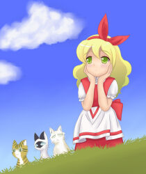 1girl blonde_hair blush cat cloud cosplay ellen_(touhou) ellen_(touhou)_(cosplay) ellen_fuwafuwaatama_aureus grass green_eyes hatarakimono name_connection parody plato_(hatarakimono) red_ribbon renii ribbon sky sokrates_(touhou) style_parody touhou