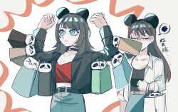 2girls absurdres animal_ear_hairband animal_ears bag bang_dream! bang_dream!_it&#039;s_mygo!!!!! black_choker black_hair black_jacket black_shirt blue_eyes choker closed_mouth commentary fake_animal_ears hairband hashtag-only_commentary highres jacket jtrevvwlofqmpth long_sleeves medium_hair mole mole_under_eye mouse_ears multiple_girls panda red_shirt shiina_taki shirt shopping_bag spoken_squiggle squiggle translation_request white_jacket yahata_umiri