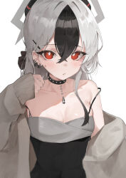 1girl black_choker black_hair blue_archive blush breasts bright_pupils cardigan choker collarbone commentary demon_horns earrings grey_cardigan grey_hair hair_between_eyes halo highres horns jewelry kagemoe1003 kayoko_(blue_archive) kayoko_(dress)_(blue_archive) looking_at_viewer official_alternate_costume red_eyes simple_background skindentation small_breasts solo strap_slip stud_earrings upper_body white_background white_pupils