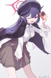 1girl ;d absurdres alternate_costume beret black_hair black_hat black_jacket blue_archive brown_skirt camera casual chiaki_(blue_archive) collared_shirt commentary_request cowboy_shot demon_girl demon_horns hair_between_eyes halo hand_up happy hat high-waist_skirt highres holding holding_camera horns jacket jacket_on_shoulders leaning_forward long_hair long_sleeves looking_at_viewer one_eye_closed open_mouth pleated_skirt pointy_ears red_eyes red_halo s_panda_k shirt sidelocks simple_background sketch skirt smile solo twitter_username white_background white_shirt