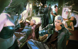 3girls 4boys bare_shoulders black_hair black_jacket blonde_hair blue_eyes blue_jacket boiling_pot cane choker cigarette cigarette_butt closed_eyes coffee_mug couch covering_breasts covering_privates cup dante_(devil_may_cry) devil_may_cry_(series) devil_may_cry_5 devil_may_cry_5_special_edition highres holding holding_cane holding_cup indoors jacket lady_(devil_may_cry) long_hair looking_at_viewer lying midriff mita_chisato mug multiple_boys multiple_girls music_box navel nero_(devil_may_cry) nico_(devil_may_cry) no_bra nude official_art on_back on_couch one_eye_closed prosthesis prosthetic_arm red_jacket short_hair sitting smoke smoking standing stove table tattoo trish_(devil_may_cry) v_(devil_may_cry) vehicle_interior vergil_(devil_may_cry) white_hair