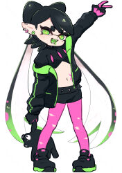 1girl :3 arm_up belt black_belt black_collar black_hair black_jacket black_shirt black_shoes black_shorts bow-shaped_hair callie_(octo_idol_outfit)_(splatoon) callie_(splatoon) collar colored_tongue commentary_request coula_cat crop_top cross-shaped_pupils dot_nose drooling earrings fangs full_body gloves gradient_hair green_eyes green_jacket grey_hair grin head_tilt highres holding holding_stuffed_toy jacket jewelry long_hair long_sleeves midriff mole mole_under_eye multicolored_hair multicolored_jacket multiple_earrings navel nintendo open_clothes open_jacket open_mouth pantyhose pink_gloves pink_pantyhose pointy_ears puffy_short_sleeves puffy_sleeves shirt shoes short_shorts short_sleeves shorts simple_background smile sneakers solo spiked_belt spiked_collar spikes splatoon_(series) splatoon_2 stomach_tattoo stud_earrings stuffed_animal stuffed_toy swept_bangs symbol-shaped_pupils tattoo teddy_bear tentacle_hair thick_eyebrows torn_clothes torn_pantyhose twitter_username two-tone_gloves two-tone_hair two-tone_jacket very_long_hair white_background