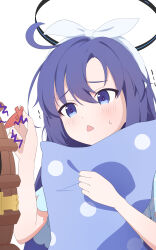 1girl absurdres black_halo blue_archive blue_pajamas blue_shirt blush commentary fortysansan hairband halo highres holding holding_pillow long_hair mechanical_halo nervous pajamas pillow playing_games purple_eyes purple_hair shirt simple_background solo white_background white_hairband yuuka_(blue_archive) yuuka_(pajamas)_(blue_archive)