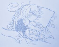 Rule 34 | 1girl, bandana, blush, digimon, digimon (creature), gaomon, highres, long hair, monochrome, sketch