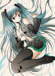 aqua_hair bad_id bad_pixiv_id boots detached_sleeves hatsune_miku highres long_hair lying moonsorrow navel necktie open_clothes open_shirt screentones shirt solo thigh_boots thighhighs traditional_media twintails vocaloid zettai_ryouiki