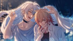 2boys antenna_hair black_shirt blonde_hair braid chinese_commentary closed_eyes collared_shirt commentary_request facial_tattoo gradient_hair hair_between_eyes highres honkai:_star_rail honkai_(series) improvised_umbrella koshikun male_focus medium_hair multicolored_hair multiple_boys mydei_(honkai:_star_rail) phainon_(honkai:_star_rail) red_hair red_tattoo shared_improvised_umbrella shirt short_sleeves side_braid tattoo white_hair white_shirt yaoi