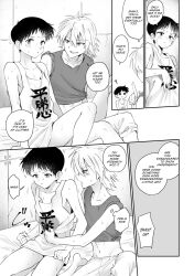 2boys abs armpit_crease bare_shoulders border brown_hair crop_top english_text grey_hair hair_between_eyes highres ikari_shinji male_focus midriff multiple_boys nagisa_kaworu neon_genesis_evangelion pectoral_cleavage pectorals s short_hair sweat tank_top yaoi