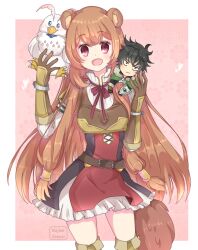 1boy 2girls :d animal_ear_fluff animal_ears arm_guards armor artist_name beak belt bird bird_wings black_hair blue_eyes boots border brown_belt brown_footwear brown_gloves brown_hair cape chibi chibi_on_shoulder commentary cowboy_shot dress elbow_gloves english_commentary filo_(filolial_form)_(tate_no_yuusha_no_nariagari) filo_(tate_no_yuusha_no_nariagari) frown fur-trimmed_cape fur-trimmed_gloves fur_trim gloves green_armor green_cape hair_tubes hands_up heart high_collar highres iwatani_naofumi knee_boots long_hair long_sleeves looking_at_viewer messy_hair mixed-language_commentary multiple_girls najimi_sensei neck_ribbon open_mouth outside_border pink_background raccoon_ears raccoon_girl raccoon_tail raphtalia red_eyes red_ribbon ribbon shield short_dress sidelocks smile spanish_commentary standing tail talons tate_no_yuusha_no_nariagari white_border wings