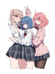 3girls absurdres black_pantyhose blonde_hair blue_eyes blue_hair blush bow bowtie grey_skirt highres konno_you_(warabi_mochi_(w4rabimochi)) kozakura_men_(warabi_mochi_(w4rabimochi)) long_hair long_sleeves looking_at_viewer medium_hair mole mole_under_eye multiple_girls open_mouth original pantyhose pink_eyes pink_hair pink_sweater plaid_clothes plaid_skirt pleated_skirt red_bow red_bowtie red_eyes school_uniform shirt simple_background skirt smile sweater twintails v warabi_mochi_(w4rabimochi) white_background white_shirt