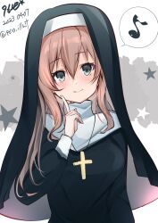 Rule 34 | 1girl, 9610 (kuroto), alternate costume, artist name, brown eyes, cross, dated, eighth note, grey eyes, habit, highres, index finger raised, kantai collection, long hair, musical note, nun, one-hour drawing challenge, saratoga (kancolle), solo, speech bubble, spoken musical note, traditional nun, twitter username, upper body, veil