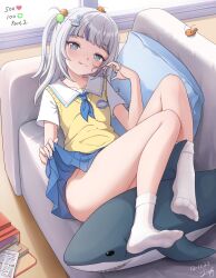 1girl blue_eyes blue_hair blue_nails blue_skirt blush breasts clothes_lift collared_shirt ebi-chan_(gawr_gura) feet gawr_gura gawr_gura_(school_uniform) grey_hair hair_ornament highres hololive hololive_english lifting_own_clothes looking_at_viewer medium_hair multicolored_hair nail_polish official_alternate_costume one_side_up rabbit_hair_ornament shirt skirt skirt_lift small_breasts smile socks streaked_hair stuffed_animal stuffed_shark stuffed_toy tongue tongue_out vest virtual_youtuber white_socks yellow_vest zeng$_(zwj)