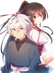 1boy 1girl absurdres belt breasts brown_eyes brown_hair closed_mouth commentary gabimaru high_ponytail highres japanese_clothes jigokuraku long_hair medium_breasts nyaa_(nnekoron) obi ponytail red_sash sash short_hair simple_background white_background white_belt white_hair yamada_asaemon_sagiri
