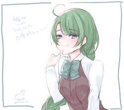1girl ahoge aqua_bow aqua_bowtie blue_eyes bow bowtie braid brown_dress character_name collared_shirt copyright_name dated dress dress_shirt green_hair halter_dress halterneck highres kantai_collection kurohina_(kurohina_66_s) long_hair mole mole_under_mouth one-hour_drawing_challenge shirt single_braid smile solo very_long_hair white_shirt yuugumo_(kancolle)