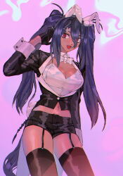 1girl absurdres alternate_costume alternate_hairstyle arm_at_side bandeau black_gloves black_jacket black_shorts black_thighhighs blush bow bowtie breasts center_opening cleavage cowboy_shot dark-skinned_female dark_skin detached_collar ear_covers fang garter_straps gloves hair_between_eyes half_gloves hand_up highres hishi_amazon_(umamusume) horse_tail jacket long_hair long_sleeves looking_at_viewer medium_breasts midriff navel ni_kogori open_mouth pink_background red_eyes short_shorts shorts sweatdrop tail tailcoat thighhighs twintails umamusume