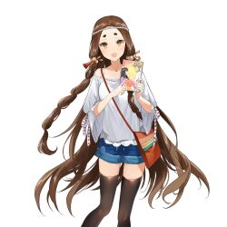 1girl bag black_thighhighs book braid breasts brown_eyes brown_hair denim denim_shorts holding holding_book ice_(ice_aptx) kushinada_(uchi_no_hime-sama) long_hair multicolored_eyes off-shoulder_shirt off_shoulder open_mouth shirt short_shorts shorts shoulder_bag side_braids standing thighhighs twin_braids uchi_no_hime-sama_ga_ichiban_kawaii very_long_hair white_shirt wide_sleeves yellow_eyes