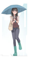 Rule 34 | 1girl, absurdres, bag, black hair, blue eyes, blush, boots, breasts, commentary, highres, holding, holding umbrella, idolmaster, idolmaster shiny colors, kazano hiori, long hair, mole, mole under mouth, open mouth, pants, rubber boots, short sleeves, shoulder bag, simple background, solo, umbrella, umirororo