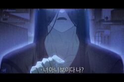 Rule 34 | 1boy, apartment, bbabbamis2, black hair, black kimono, building, commentary, english commentary, hair over eyes, hand up, highres, homicipher, japanese clothes, kimono, korean text, letterboxed, long hair, male focus, mr. crawling, open mouth, outdoors, pointing, pointing at viewer, rain, solo, translation request, upper body