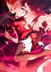 Rule 34 | 1girl, absurdres, angry, animal nose, apple, ass, bad id, bad twitter id, bare shoulders, black claws, black gloves, black sclera, black tail, black thighhighs, blonde hair, blood, blood on arm, blood on clothes, blood on face, blood on leg, blush stickers, breasts, buttons, charlie morningstar, claws, closed mouth, collarbone, colored sclera, colored skin, cuts, demon girl, demon horns, demon tail, dress, elbow gloves, embers, flipped bangs, floating hair, food, foot out of frame, from below, frown, fruit, full body, gloves, gold snake, great mother temptation, halter dress, halterneck, hazbin hotel, heart, high heels, highres, holding, holding polearm, holding weapon, horns, huge 0330, injury, knee up, long eyelashes, long hair, long horns, looking at viewer, medium breasts, no ears, pentagram, polearm, red dress, red horns, ribbon-trimmed dress, ribbon trim, short dress, slit pupils, solo, tail, thighhighs, torn clothes, torn thighhighs, trident, v-shaped eyebrows, very long hair, weapon, white skin, wind, wind lift, yellow blood, yellow eyes
