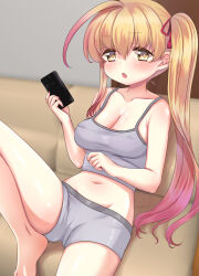 Rule 34 | 1girl, :o, ahoge, asymmetrical hair, bare arms, bare legs, bare shoulders, barefoot, blonde hair, blurry, blurry background, blush, breasts, cameltoe, camisole, cellphone, cleavage, collarbone, couch, covered erect nipples, crop top, gradient hair, grey camisole, grey shorts, hair between eyes, hand up, high side ponytail, highres, holding, holding phone, huge ahoge, kanon kei, knee up, long hair, looking at viewer, medium breasts, midriff, multicolored hair, nail polish, navel, on couch, open mouth, original, phone, red hair, red nails, short shorts, shorts, side ponytail, single sidelock, sitting, smartphone, solo, very long hair, yellow eyes