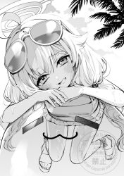 1girl :3 :d =_= ahoge ankle_strap ball bare_arms bare_legs bikini bikini_skirt blue_archive blush cloud cloudy_sky collarbone exercise_ball eyewear_on_head fang feet fingernails flat_chest frilled_bikini frills furrowed_brow greyscale hagyouayumu hair_between_eyes hair_bobbles hair_ornament half-closed_eyes halo head_tilt highres hoshino_(blue_archive) hoshino_(swimsuit)_(blue_archive) huge_ahoge inflatable_toy inflatable_whale legs_up light_frown loli long_hair looking_at_viewer low_twintails lying monochrome official_alternate_costume official_alternate_hairstyle on_stomach open_mouth outdoors own_hands_together palm_leaf sandals skin_fang sky slides smile solo sunglasses sweat sweatdrop swimsuit thighs toes twintails very_long_hair very_sweaty watermark wet
