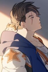 Rule 34 | 1boy, absurdres, blue eyes, blue jacket, brown hair, chibi, closed mouth, commentary request, from side, highres, hood, hood basket, hood down, hooded jacket, jacket, looking up, luke sullivan, male focus, open clothes, open jacket, parted lips, prat rat, print shirt, profile, scar, scar across eye, scar on face, shirt, short sideburns, sleeveless, sleeveless jacket, smile, solo, star (symbol), street fighter, street fighter 6, t-shirt, teeth, upper body