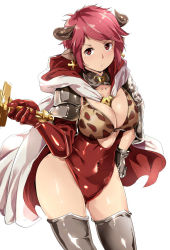 10s 1girl alp animal_ears animal_print armor armored_boots between_breasts bikini bikini_top_only boots breasts cape cleavage cow_ears curvy draph earrings elbow_gloves female_focus gloves granblue_fantasy hilt hood hood_down horns jewelry large_breasts leopard_print leotard looking_at_viewer pink_hair red_eyes red_hair red_leotard short_hair simple_background skindentation solo sturm_(granblue_fantasy) swimsuit sword thigh_boots thighhighs thighs weapon white_background wide_hips