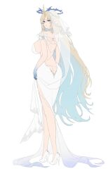 1girl ass bare_shoulders blonde_hair blue_hair breasts colored_inner_hair commentary crown_of_thorns dang_geun23283 flat_color fleurdelys_(wuthering_waves) from_behind full_body high_heels highres horns large_breasts long_hair median_furrow multicolored_hair pointy_ears shoes sideboob simple_background single_horn solo unfinished veil very_long_hair white_background white_shoes white_veil wuthering_waves yellow_horns