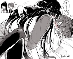 2boys ace_trappola alternate_hair_length alternate_hairstyle arm_around_neck bed blush chibi chibi_inset closed_eyes commentary_request deuce_spade eyelashes facial_mark greyscale hand_on_another&#039;s_head heart high_ponytail highres jacket jitome kiss knee_up long_sleeves looking_at_another lying male_focus mofu_twst monochrome multiple_boys on_back open_clothes open_jacket pants ponytail shirt spade_(shape) speech_bubble spoken_heart striped_clothes striped_pants thought_bubble translated twisted_wonderland vertical-striped_clothes vertical-striped_pants vest white_background yaoi
