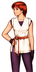 1girl arm_at_side braid brown_eyes brown_hair capcom_vs_snk dougi fingerless_gloves game_cg gloves hand_on_own_hip headband highres martial_arts_belt mori_toshiaki non-web_source official_art red_headband ryuuko_no_ken simple_background sleeveless smile solo spandex the_king_of_fighters white_background yuri_sakazaki