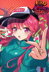 1girl :o aino_megumi alternate_costume bad_id bad_pixiv_id black_nails commentary_request earrings english_text female_focus gold_earrings green_jacket happinesscharge_precure! hat highres jacket jewelry long_hair long_sleeves looking_at_viewer nail_polish orange_background pink_eyes pink_hair polka_dot polka_dot_background ponytail precure ring rudo_(rudorudo0917) solo star_(symbol) star_earrings track_jacket white_nails zipper