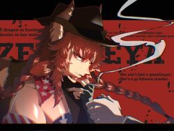 Rule 34 | 1girl, 1other, black gloves, black hat, black nails, braid, character name, cigarette, cowboy bebop, dragon girl, dragon horns, fingerless gloves, gloves, hat, highres, holding, holding cigarette, holding lighter, horns, horns through headwear, lighter, long hair, looking at viewer, nail polish, red hair, red scarf, scarf, seafood tarako, smile, solo, twin braids, virtual youtuber, vshojo, yellow eyes, zentreya, zentreya (cowboy bikini), zentreya (dragon)