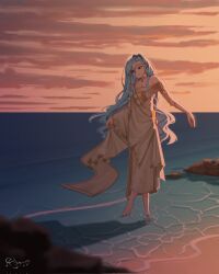 1girl 37_(reverse:1999) ancient_greek_clothes armlet backlighting bare_shoulders beach blue_eyes blue_hair closed_mouth full_body gold_choker greco-roman_clothes hair_between_eyes highres horizon jewelry long_hair looking_down ocean orange_sky outdoors reverse:1999 rock roxs_(roxss29) sand shadow sky smile solo toga very_long_hair wading walking