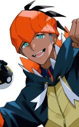 1boy absurdres black_hair black_hoodie collared_shirt commentary_request earrings gloves green_eyes hands_up headband highres holding holding_poke_ball hood hoodie jewelry kibana_daisuki_man male_focus nintendo open_mouth orange_headband poke_ball pokemon pokemon_swsh raihan_(pokemon) shirt short_hair simple_background single_glove solo tassel teeth tongue ultra_ball upper_body white_background