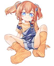 1girl blue_eyes blue_overalls chaosexceed commentary full_body grin highres looking_at_viewer orange_hair orange_socks original overalls paid_reward_available parted_lips shirt short_hair short_sleeves simple_background sitting smile socks soles solo spread_legs teeth toes twintails white_background yellow_shirt