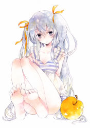 1girl apple bad_feet bad_id bad_pixiv_id barefoot blue_hair feet female_focus food fruit harikamo long_hair original shinsaibashih solo twintails very_long_hair