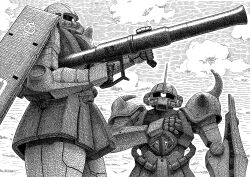 Rule 34 | 1970s (style), 1980s (style), absurdres, bazooka (gundam), cable, cloud, gouf, gundam, highres, machinery, mecha, mecha focus, mobile suit, mobile suit gundam, monochrome, no humans, oldschool, one-eyed, radio antenna, retro artstyle, robot, roundel, scan, shield, shoulder spikes, spikes, traditional media, upper body, user rmxe7445, zaku, zaku ii, zeon