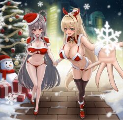 2girls absurdres bare_shoulders bikini blonde_hair breasts brown_hair christmas cleavage commonalty gloves goddess_of_victory:_nikke green_eyes hat highres large_breasts long_hair looking_at_viewer multiple_girls open_mouth red_eyes ribbon rupee_(nikke) santa_bikini santa_costume santa_hat smile snowman swimsuit thighs yan_(nikke)