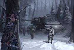 1girl 5boys absurdres cigarette elf forest highres knife long_sleeves military military_uniform military_vehicle motor_vehicle multiple_boys nature original pine_tree pointy_ears rocket smoking snow soldat_(dndosld73832) tank tree winter winter_clothes