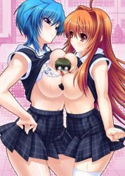 2girls between_breasts blue_eyes blue_hair breast_press breasts byakko_akiha clothes_lift haramasete_seiryuu-kun! large_breasts mini_person miniboy miniskirt multiple_girls person_between_breasts red_eyes red_hair school_uniform seiryuu_tougo shirt_lift skirt suzaku_natsuhime sweat symmetrical_docking zol