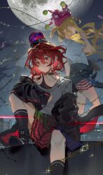 2girls absurdres american_flag_dress black_choker black_jacket black_shoes black_socks blonde_hair candy chain choker cityscape clownpiece ender_xiaohai food foot_dangle hat hecatia_lapislazuli highres jacket jester_cap lollipop long_hair looking_to_the_side medium_hair moon multicolored_skirt multiple_girls night night_sky polka_dot_headwear red_eyes red_hair rooftop shirt shoes sitting skirt sky socks standing touhou white_shirt