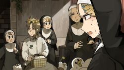 5girls basket bird blonde_hair blue_eyes brick_wall brown_eyes brown_hair chair chicken clumsy_nun_(diva) commentary dandelion diva_(hyxpk) duck english_commentary flower frog_headband froggy_nun_(diva) grey_hair grey_skirt hanging_plant head_wreath highres little_nuns_(diva) mole mole_on_cheek mole_under_mouth mother_and_daughter multiple_girls nun pointing pointing_at_self shirt sitting skirt smug_nun_(diva) strict_nun&#039;s_mother_(diva) strict_nun_(diva) traditional_nun triangle_mouth white_shirt worried