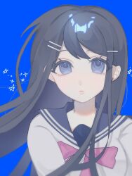 Rule 34 | 1girl, black hair, blue eyes, bow, bowtie, danganronpa: trigger happy havoc, danganronpa (series), hair ornament, hairclip, highres, long hair, long sleeves, looking at viewer, maizono sayaka, pink bow, pink bowtie, rizu639, sailor collar, school uniform, shirt, simple background, solo