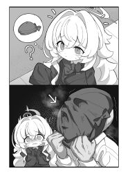 1boy 1girl 2koma absurdres bald blue_archive comic dress greyscale highres ketsu_juuji_killer_(kejuki) male_sensei_(blue_archive) monochrome professor_niyaniya_(blue_archive) sensei_(blue_archive) tears twitter upper_body