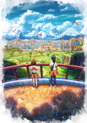 2girls anna_(pokemon) backpack bag bird black_hair black_pantyhose blue_sky brown_footwear brown_hair cloud day fence flamigo from_behind hand_up highres medium_hair multiple_girls nemona_(pokemon) nintendo orange_shorts outdoors pantyhose pokemon pokemon_(creature) pokemon_sv ponytail scenery school_uniform shirt shoes short_sleeves shorts shuu_illust sky socks standing tree white_shirt white_socks