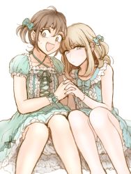 Rule 34 | 2boys, asymmetrical bangs, blonde hair, blue eyes, bow, bracelet, brown eyes, brown hair, center frills, crossdressing, dress, fang, frilled dress, frills, hair bow, holding hands, jewelry, knees up, lolita fashion, looking to the side, male focus, medium hair, multiple boys, original, ponytail, puffy short sleeves, puffy sleeves, ribbon, seira (yuki touko), short hair, short ponytail, short sleeves, short twintails, sitting, sleeveless, sweet lolita, tomo (yuki touko), trap, twintails, wrist cuffs, yuki touko